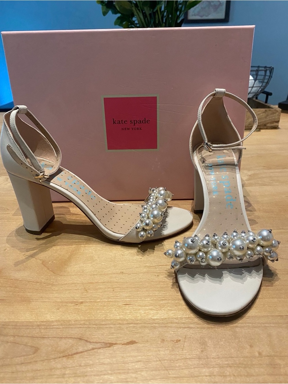 Kate Spade Ivory Pearl Embellished Block Heel Sandals